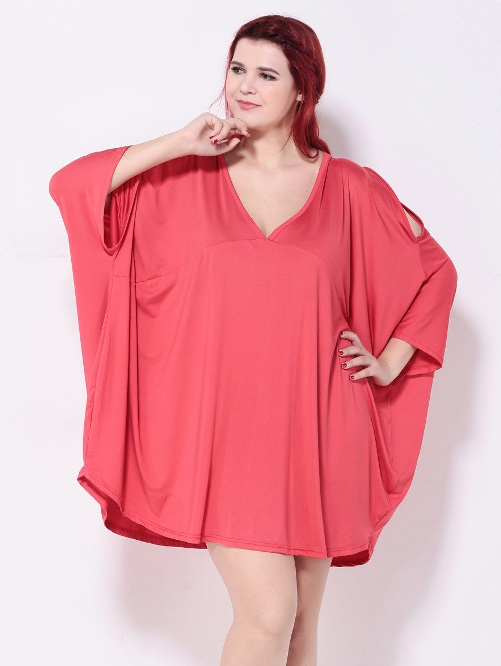 

Asymmetric Cold Shoulder Batwing Sleeves Dress, Watermelon red
