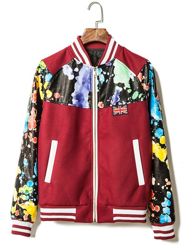 

Zip Up Paint Splash Printed PU Leather Insert Jacket, Red