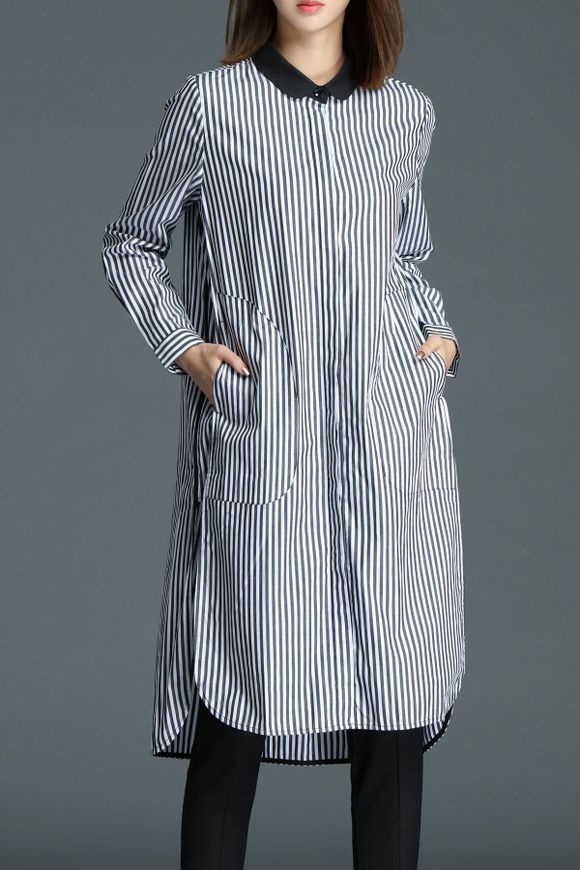 Stripe Side Slit Longue chemise - Blanc et Noir 2XL