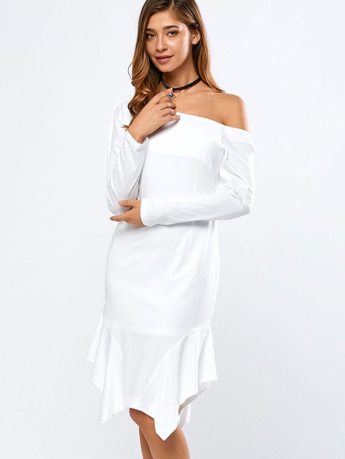 

Off-The-Shoulder Long Sleeve Asymmtric Flouncing Dress, White