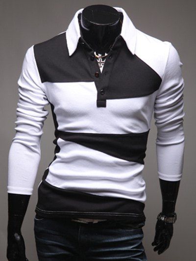 Design Bouton Polo à manches longues col T-shirt - Blanc L