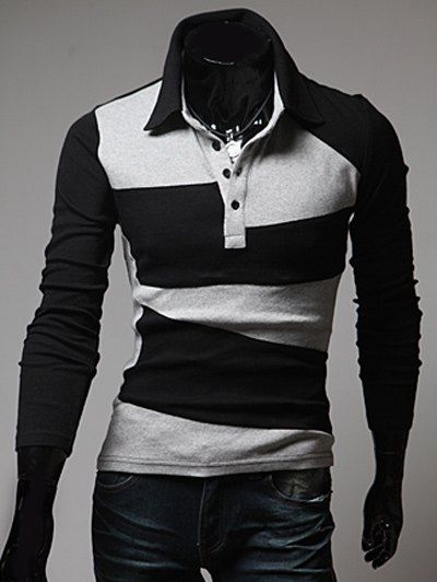 

Button Design Long Sleeve Turndown Collar T-Shirt, Light gray