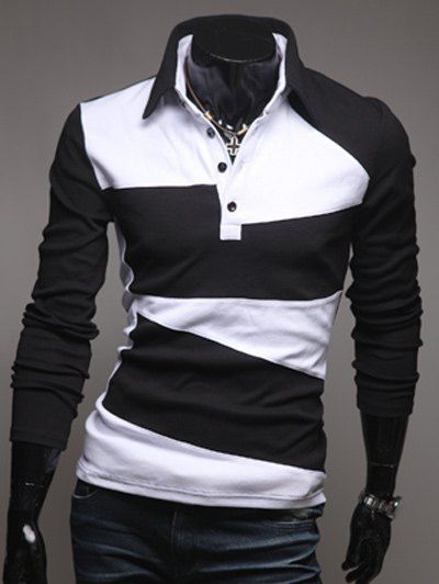 

Button Design Long Sleeve Turndown Collar T-Shirt, Black