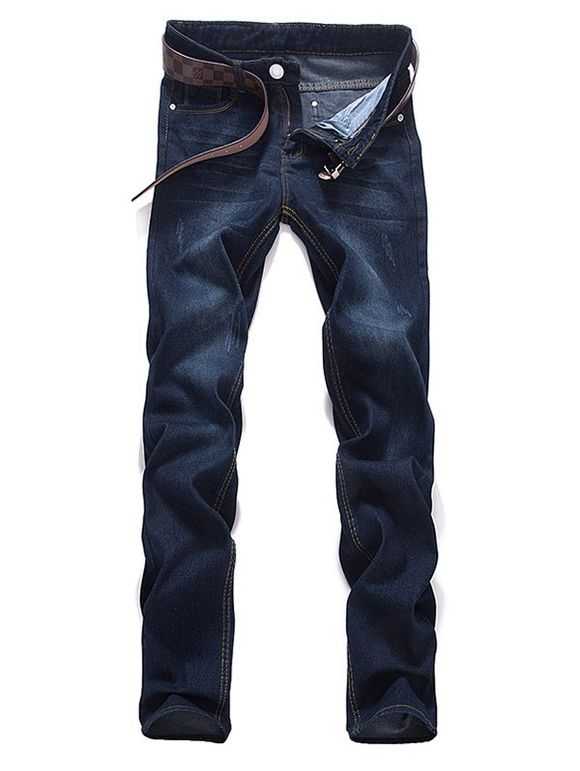 Zipper Mouche Foncé Délavé Mid Taille Jeans - Bleu profond 32