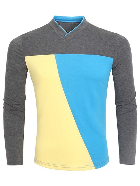 Sleeve Color Block V Long Neck T-Shirt - Jaune 3XL