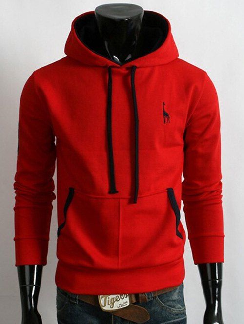 

Fawn Embroidered Pocket Pullover Hoodie, Red