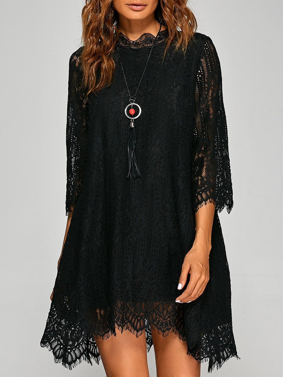 Loose Irregular Hem Openwork Lace Dress With Sleeves - BLACK M