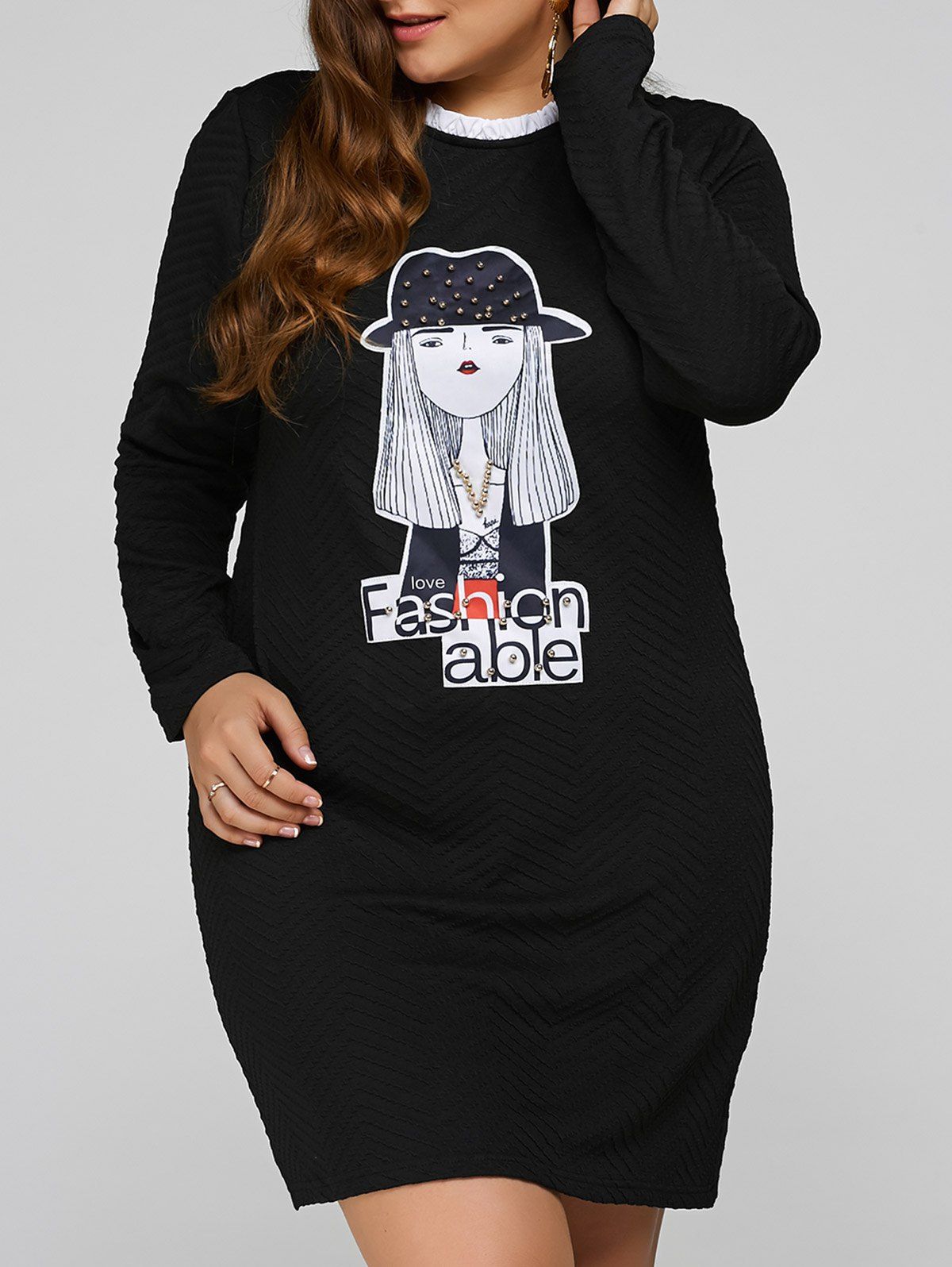 

Plus Size Cartoon Pattern Beads Embellished Dress, Black
