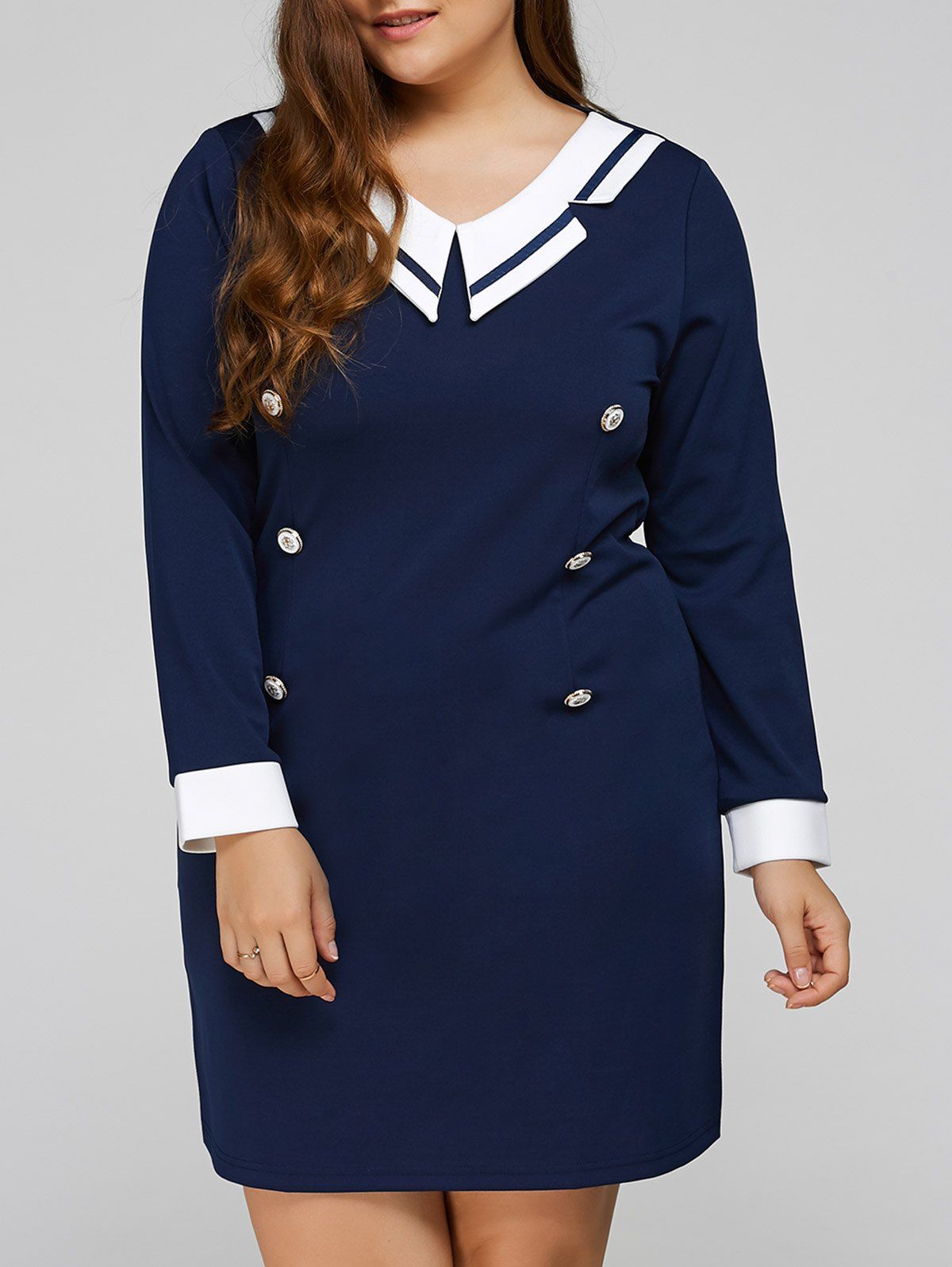 

Plus Size Double-Breasted Patchwork Dress, Purplish blue