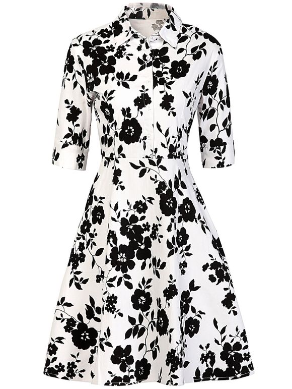 Vintage boutonné Floral Print Dress - Blanc et Noir M