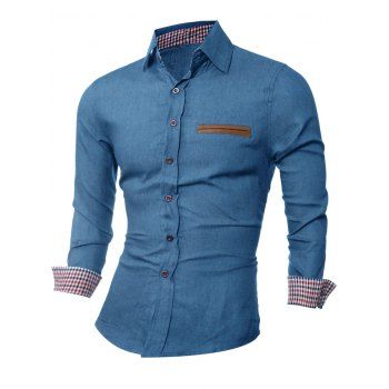 [17% OFF] 2024 Button Up Leather Trim Breast Pocket Shirt In LIGHT BLUE ...