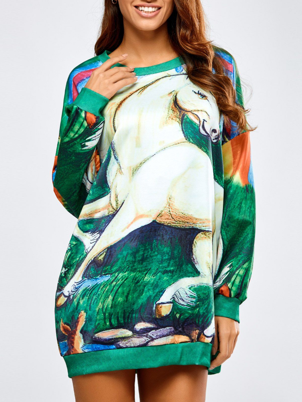 

Long Horse Print Loose Sweatshirt, Green