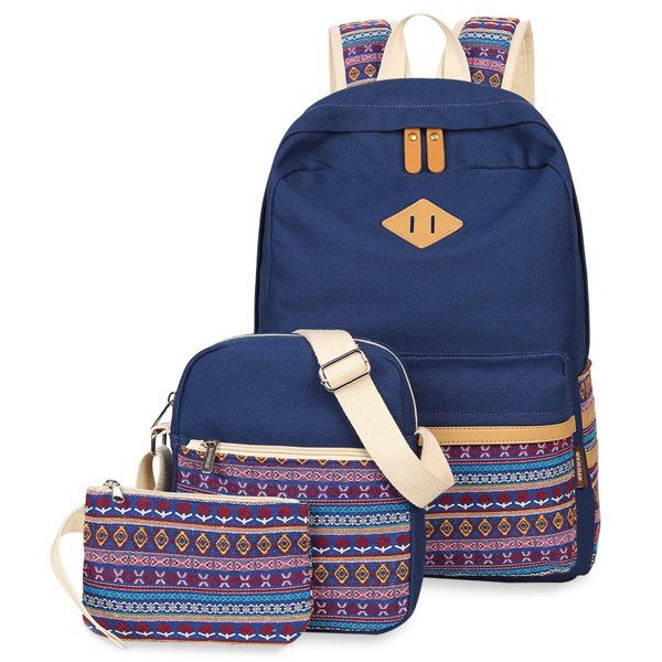 [41% OFF] 2021 Canvas Colour Block Flower Pattern Backpack In DEEP BLUE ...