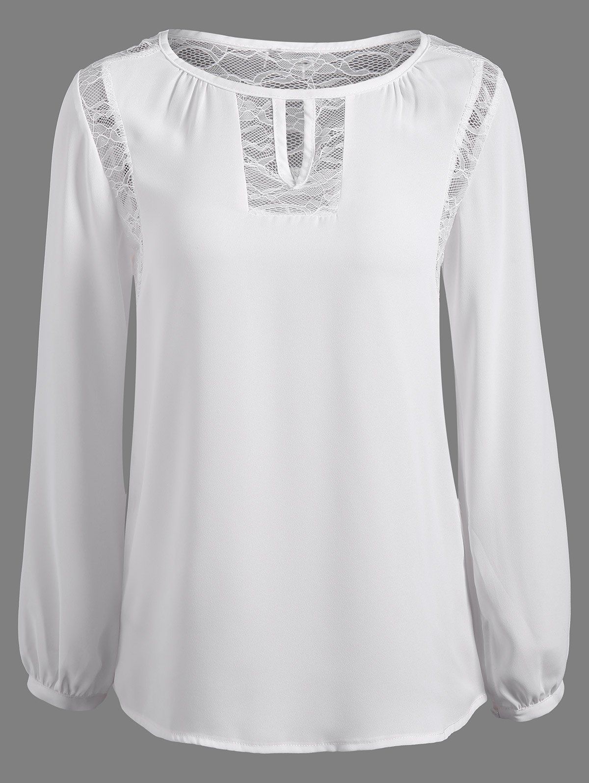 

Lace Splicing Puff Sleeve Keyhole Blouse, White