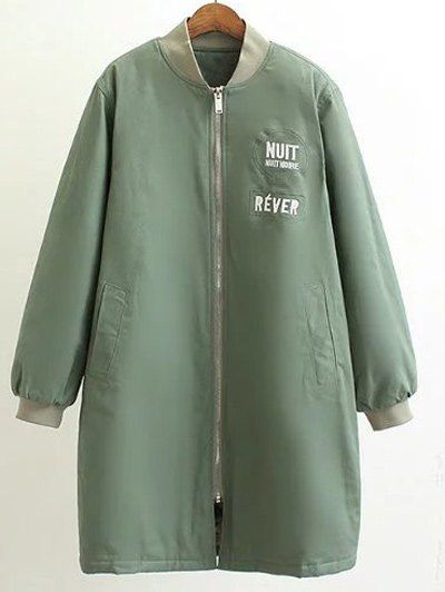 Manteau à Lettre Brodé à Col Montant en Coton et en Lin - Vert clair XL