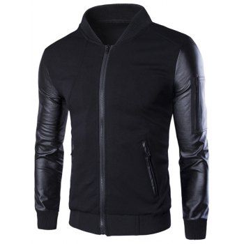 

PU-Leather Spliced Stand Collar Zip-Up Jacket, Black