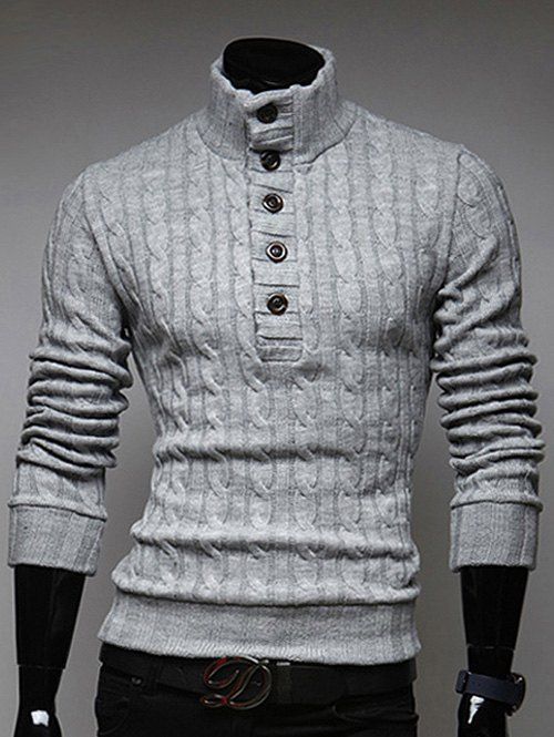 

Half Button Up Stand Collar Twist Sweater, Light gray