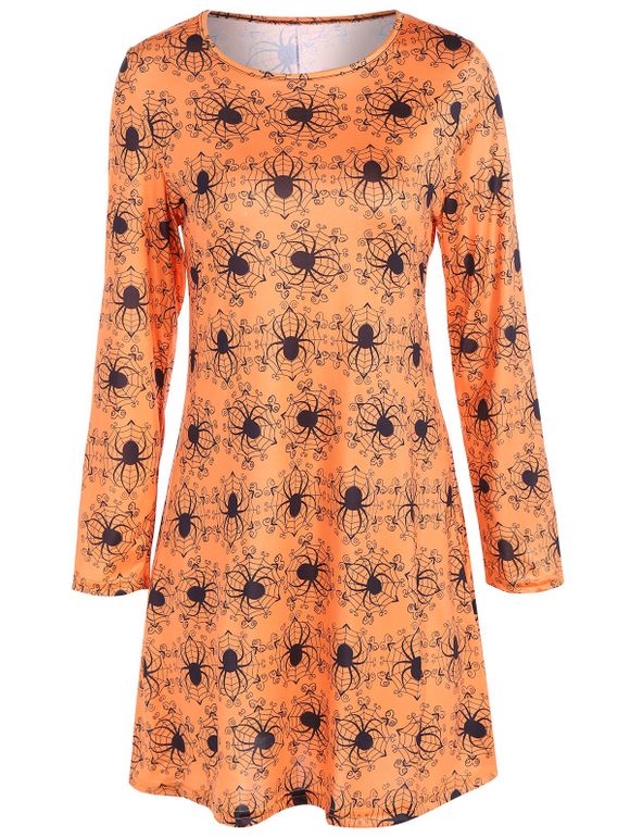 Mini Robe trapèze a manches longues avec motif d'araignée Halloween - Douce Orange 2XL