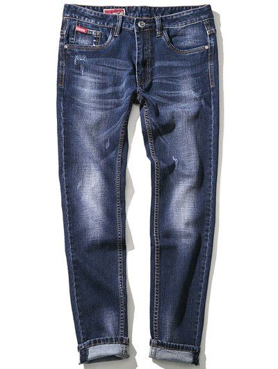 Jeans brodé à jambe droite Blanchi à zip grande taille - Bleu 46