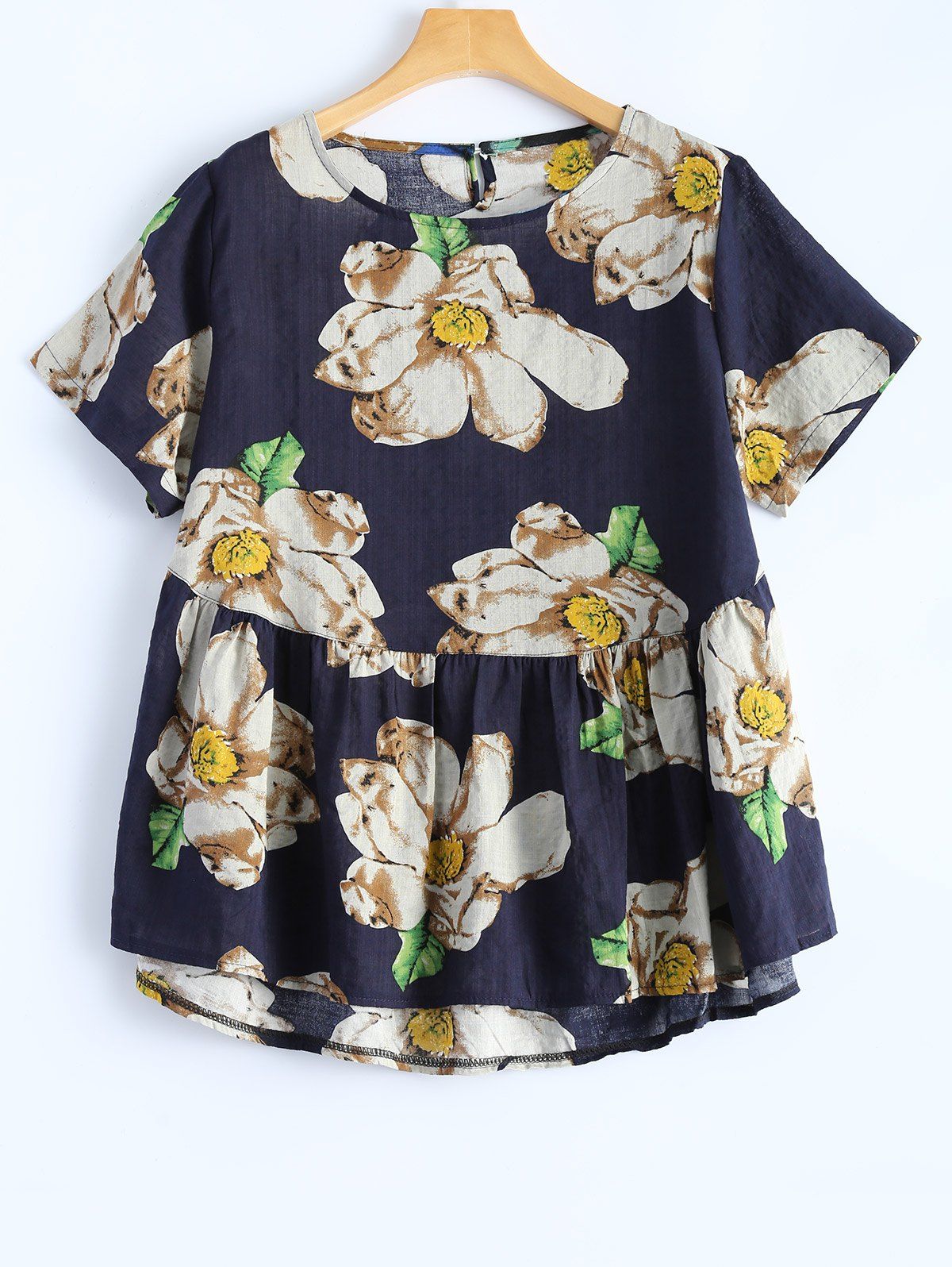 

Plus Size Floral Print Asymmetrical Blouse, Purplish blue