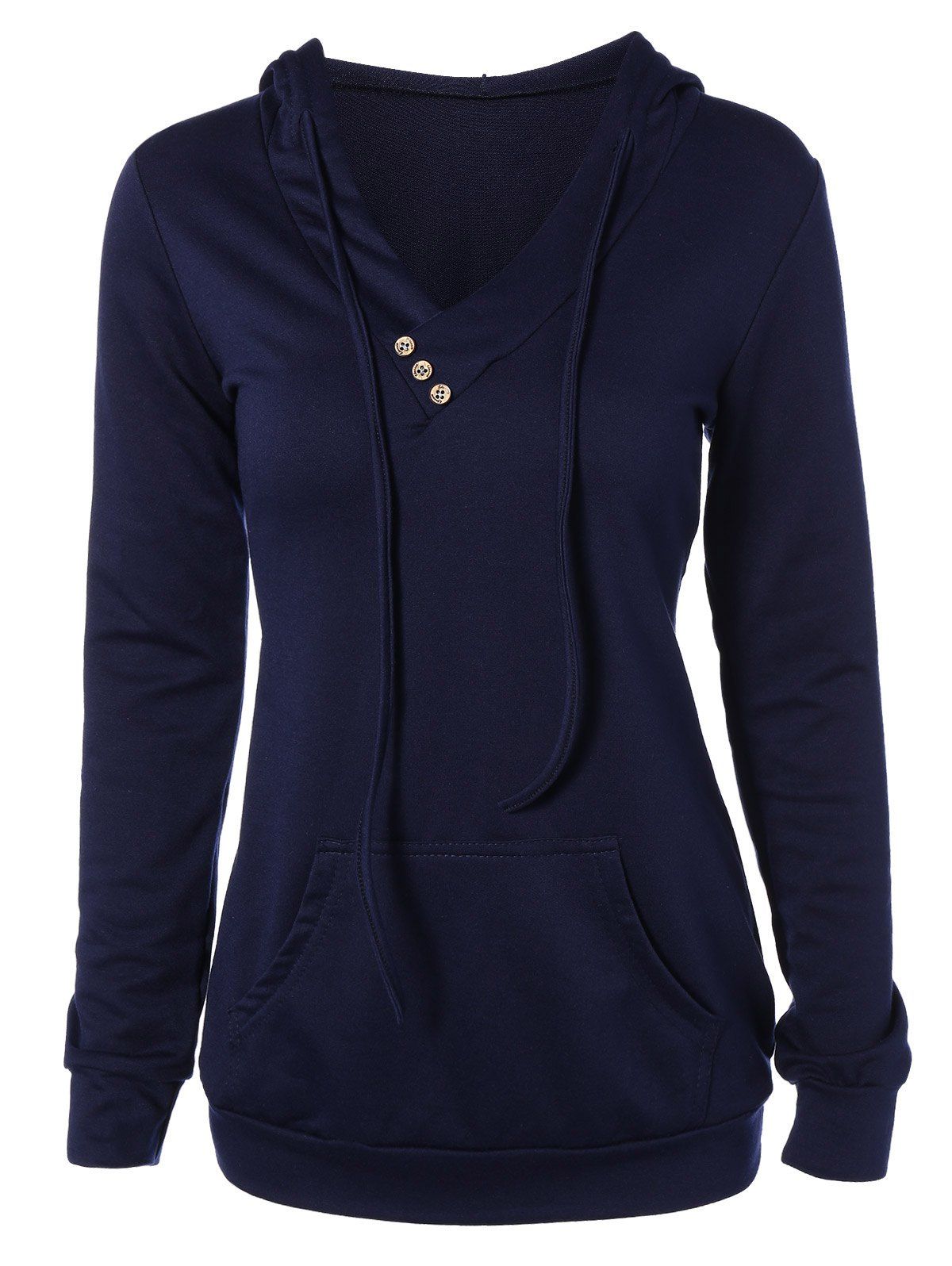 

Buttoned Plus Size Drawstring Hoodie, Purplish blue