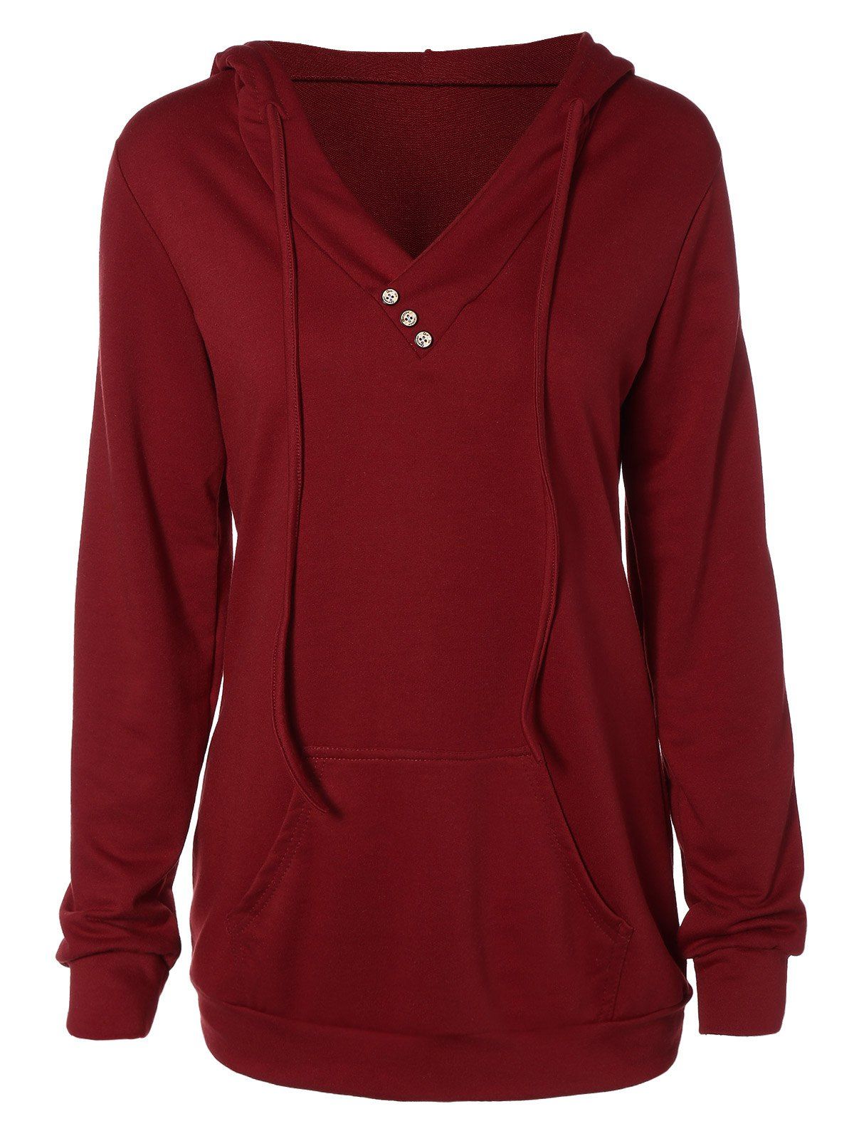 [17% OFF] 2021 Buttoned Plus Size Drawstring Hoodie In DEEP RED | DressLily