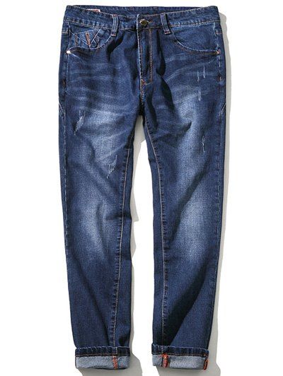 jeans à jambe droit Whisker grande Taille à Zip - Bleu 34