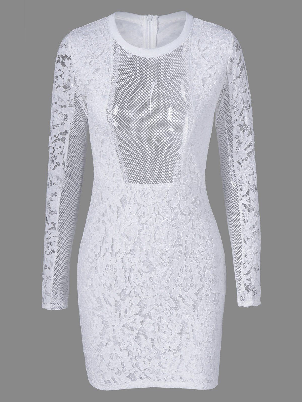 

Tight Mesh See Through Sheer Lace Fitted Dress, White