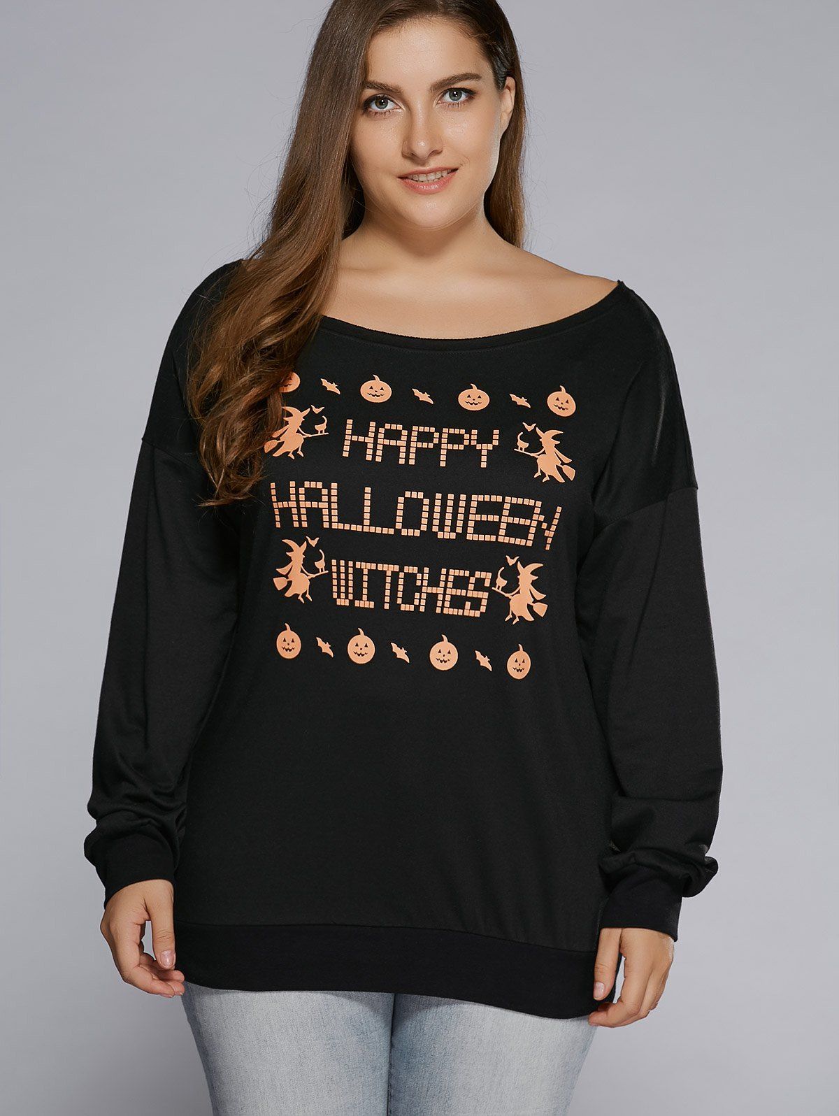 

Plus Size Long Sleeve Graphic Hallowmas T-Shirt, Black