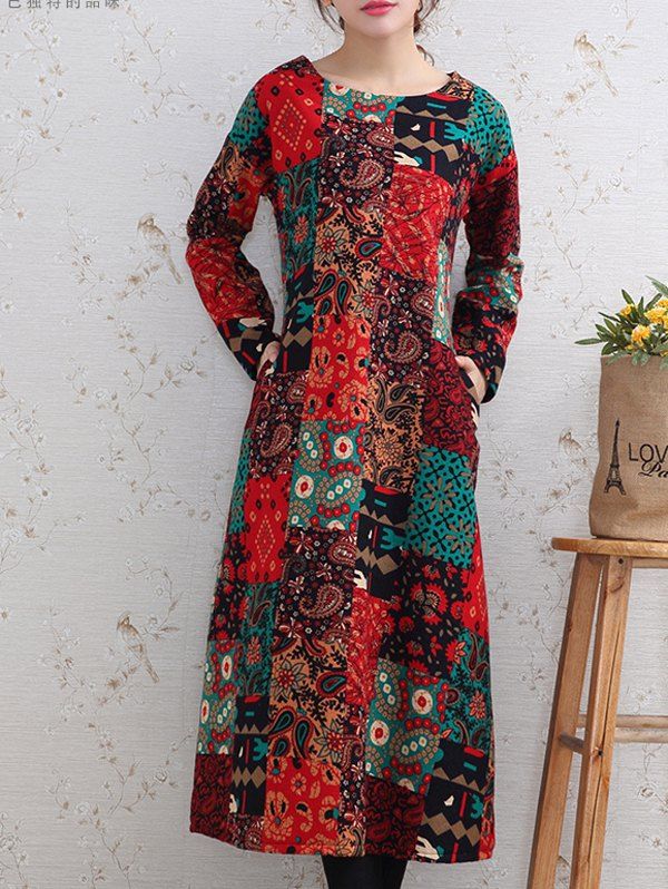 

Long Sleeve Patch Print Dress, Red