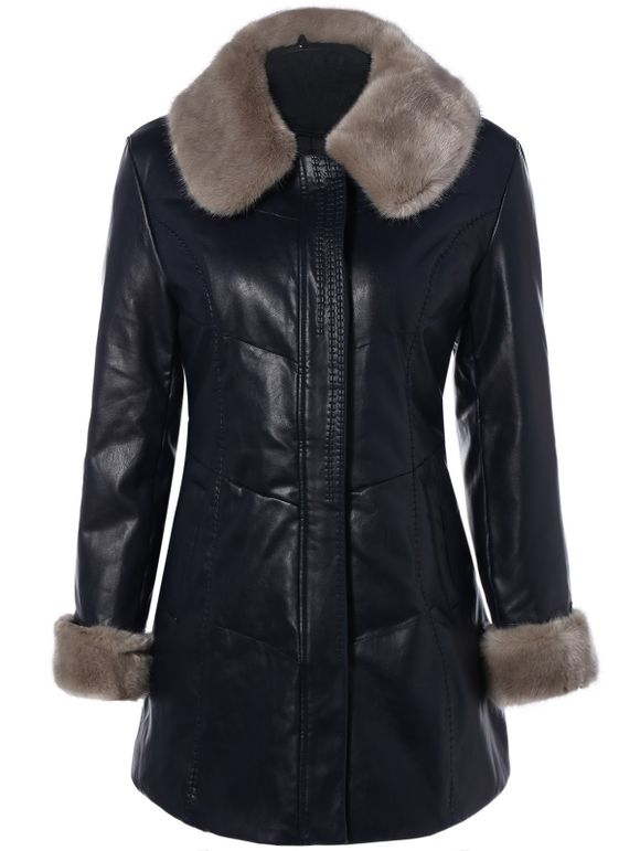 Manteau d'hiver col en fausse fourrure PU - Noir 3XL