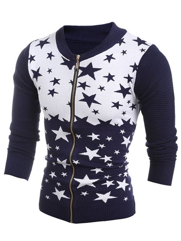 Pull tricoté à motif étoile avec glissière avant - Cadetblue L