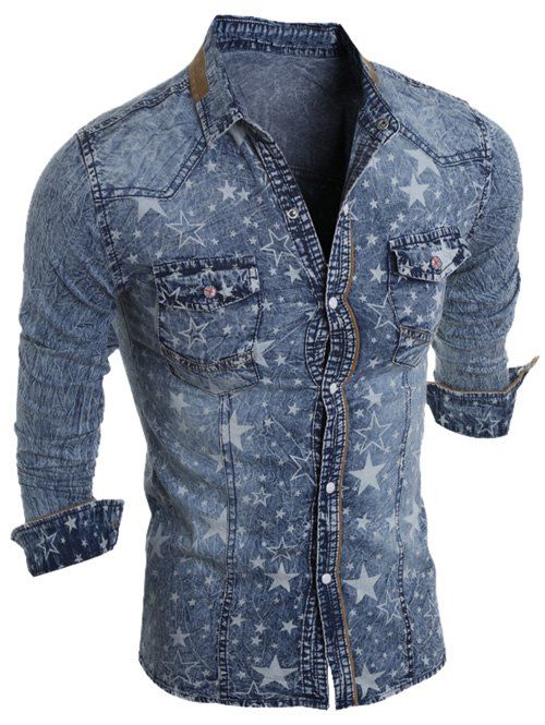

Long Sleeve Pocket Design Star Printed Denim Shirt, Light blue