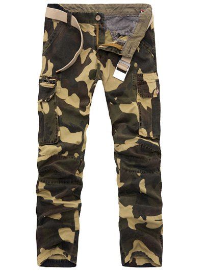 

Zipper Fly Pockets Embellished Plus Size Camo Cargo Pants, Khaki