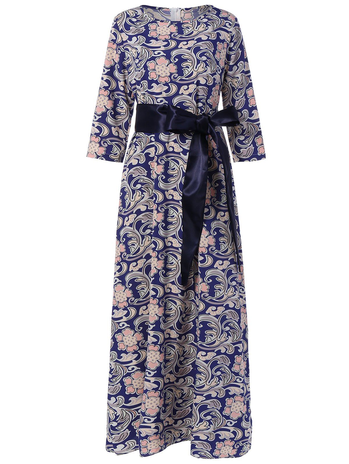 

Maxi 3/4 Sleeve Retro Print Belted Dress, Purplish blue
