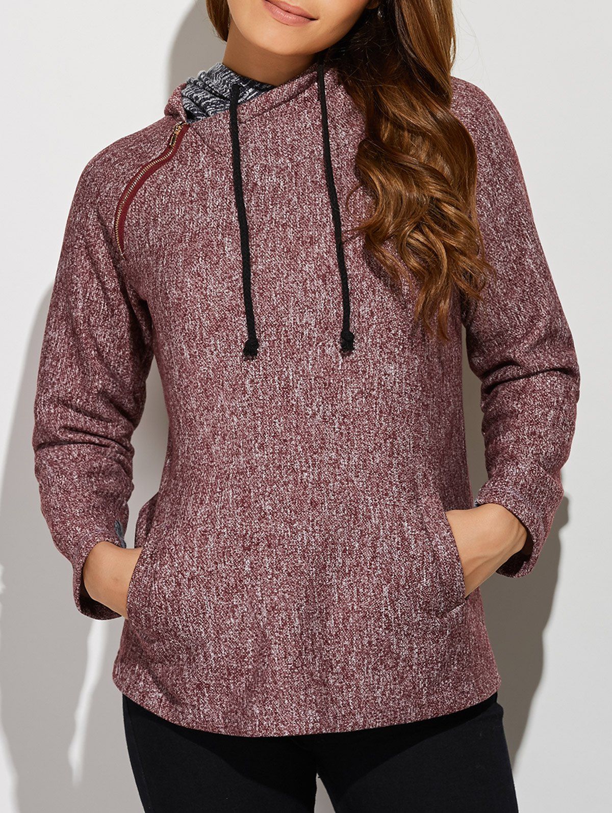 

Inclined Zipper Front Pocket Hoodie, Brick-red