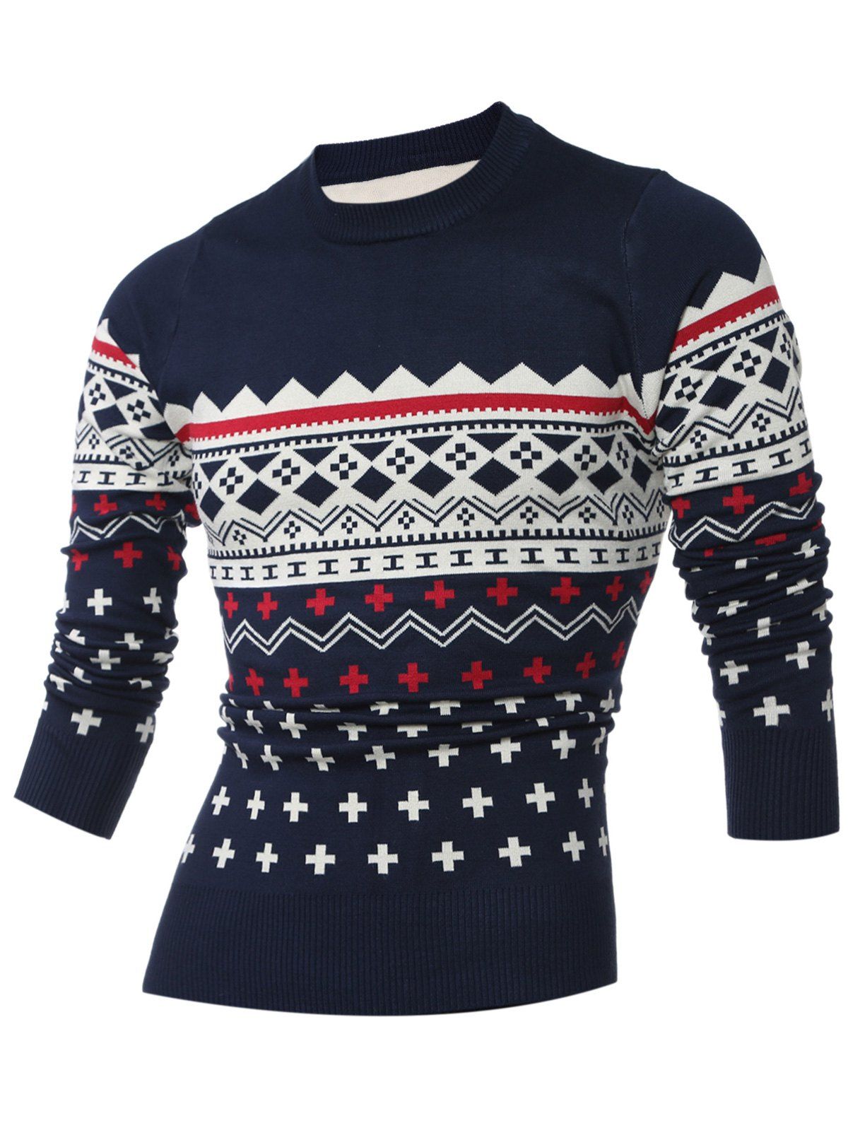 

Crew Neck Long Sleeve Geometric Pattern Sweater, Cadetblue