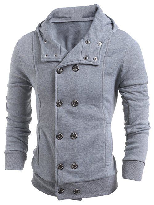 

Side Pocket Long Sleeve Double Breasted Hoodie, Light gray