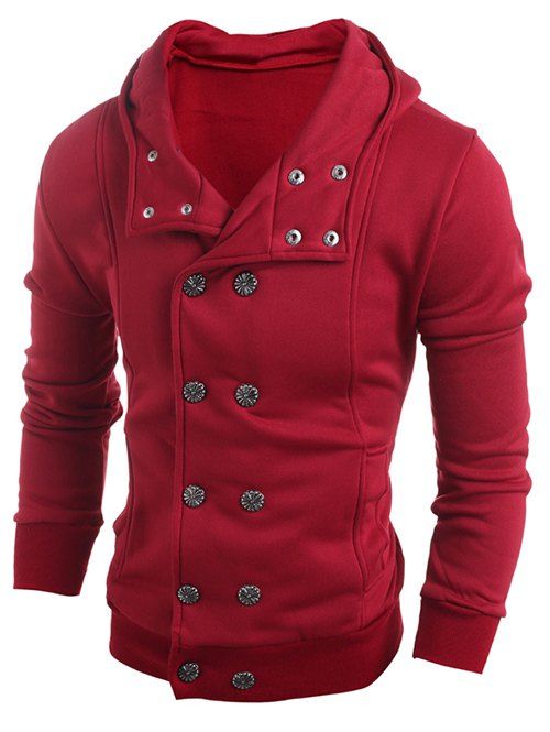 

Side Pocket Long Sleeve Double Breasted Hoodie, Wine red