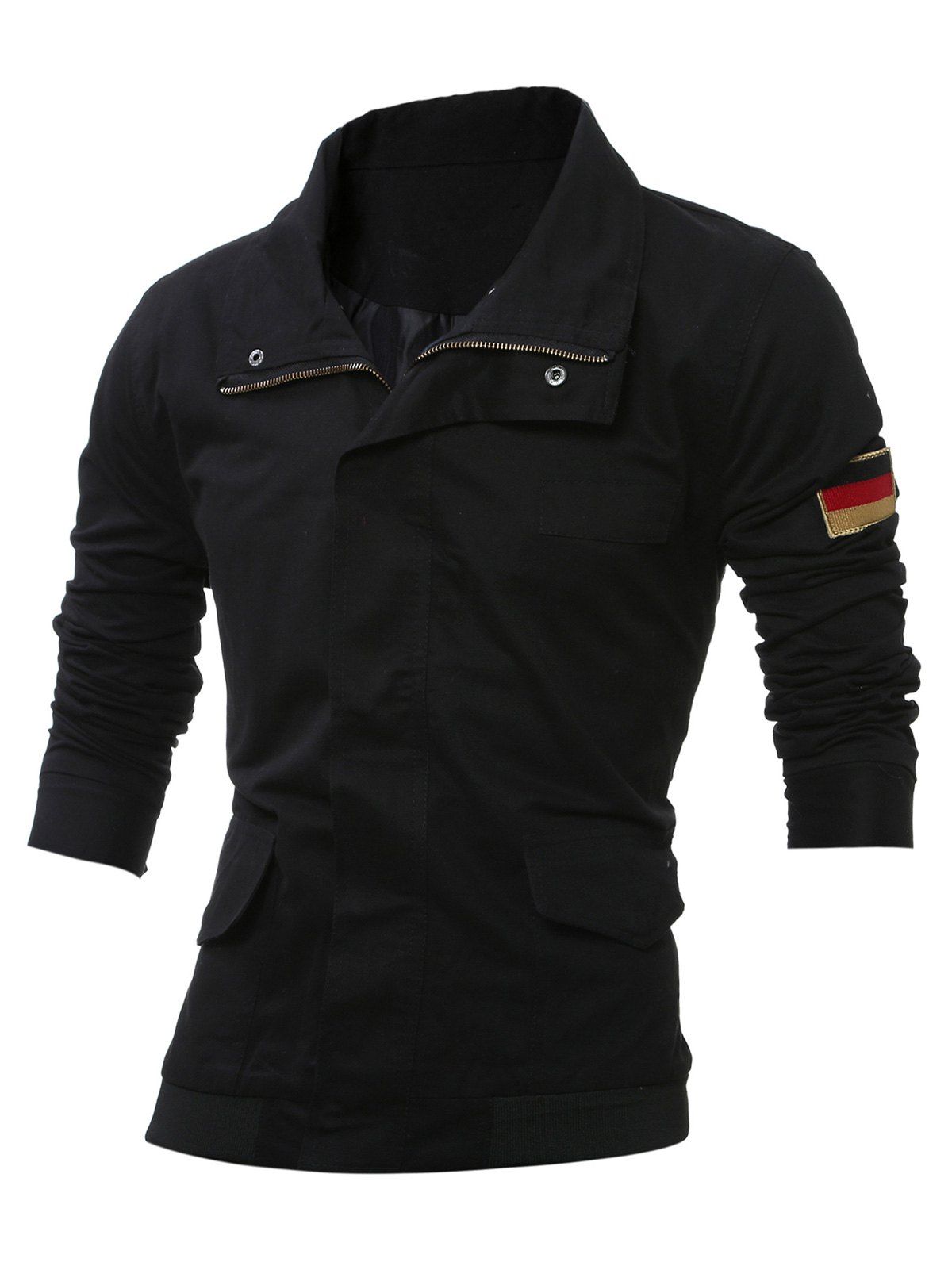 

Turn-Down Collar Zip-Up Applique Design Pockets Jacket, Black