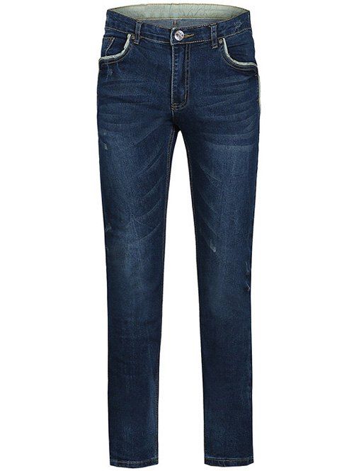 Jeans plus-size à jambes droites avec bordure épissée et braguette zippée - Bleu 28