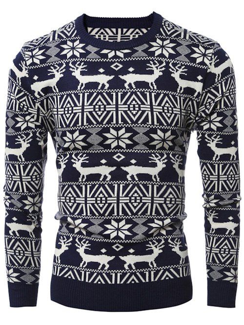 

Crew Neck Deer Pattern Christmas Snowflake Sweater, Cadetblue