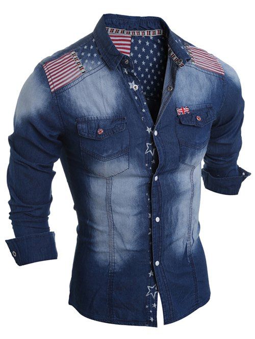 Chemise en jean rayé avec boutons-pression et motif drapeau - Bleu profond XL