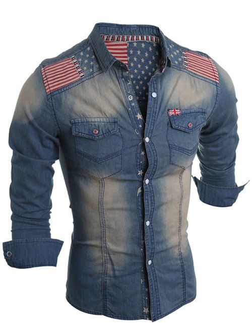 Chemise en jean rayé avec boutons-pression et motif drapeau - Bleu clair M