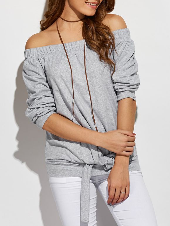 Off The Shoulder Front Knotted T-Shirt - GRAY M
