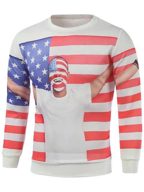 Pull d'hommes à manches longues avec le drapeau américain imprimé en 3D - Blanc S