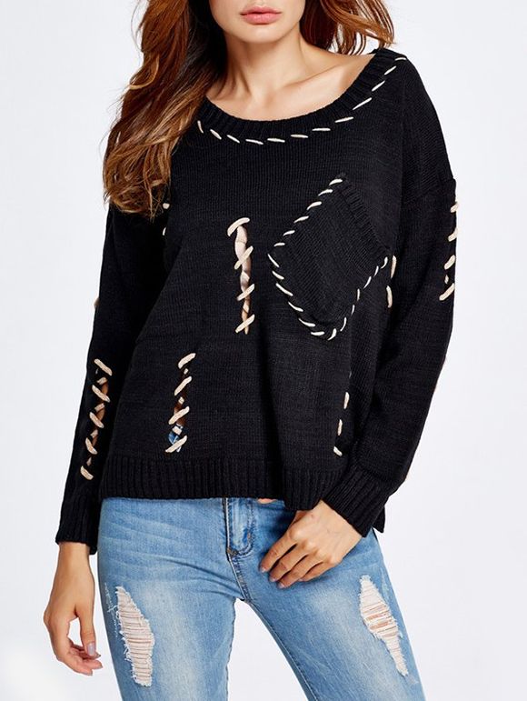 High-Low Cut Out Baggy Sweater - Noir ONE SIZE