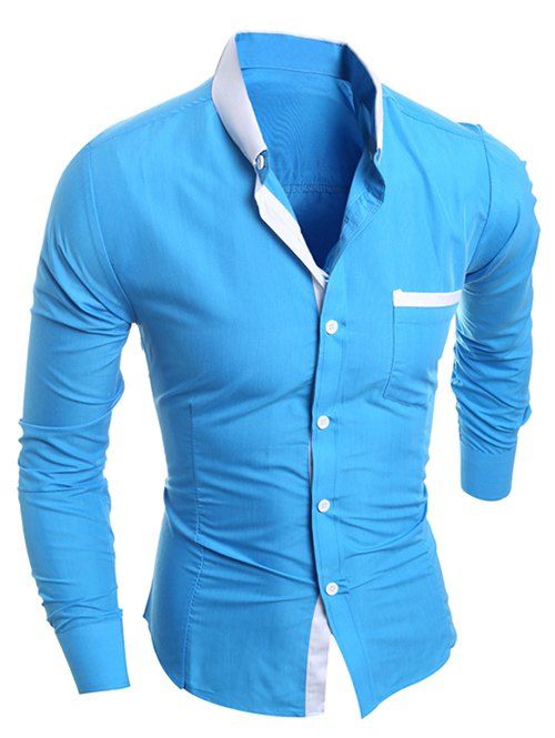 Chemises boutonnée à col contrasté avec manches longues - Azur 2XL