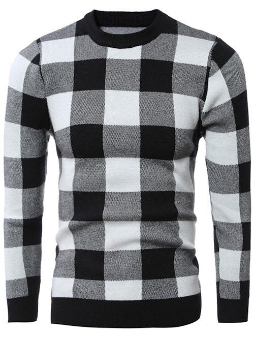 

Slim-Fit Crew Neck Checked Pullover Sweater, Black