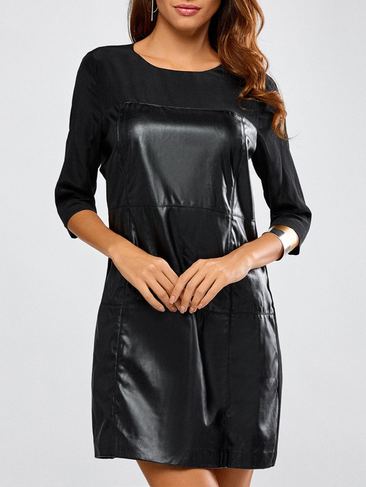 

Leather Patchwork Shift Mini Dress, Black